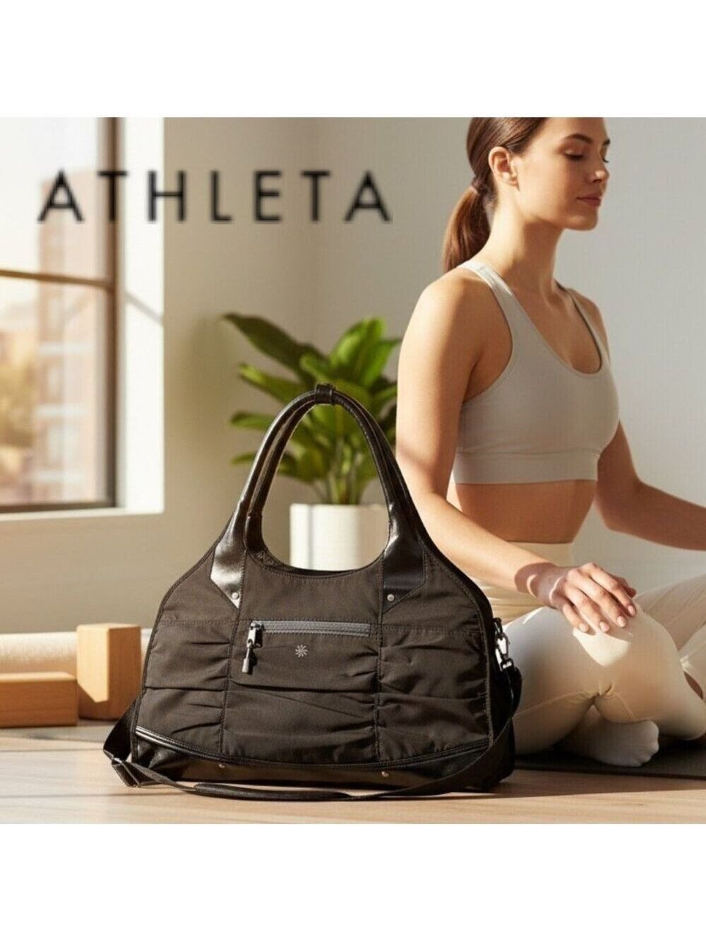 Athleta Yoga Mat Gym Bag Black | Studio Tote w/ Wet Bag & Mat Carry Strap